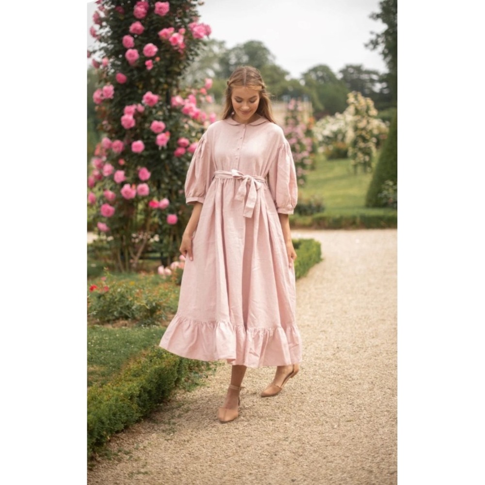 Little Women Atelier Meg Oversized Dress Pink Linen Maxi 3/4 Sleeve Pockets